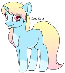 Size: 1172x1320 | Tagged: safe, artist:mynder, derpibooru import, oc, oc:dotty donut, pony, unicorn, blaze (coat marking), cute, female, filly, horn, looking at you, markings, multicolored hair, pale belly, smiling, socks (coat marking), solo