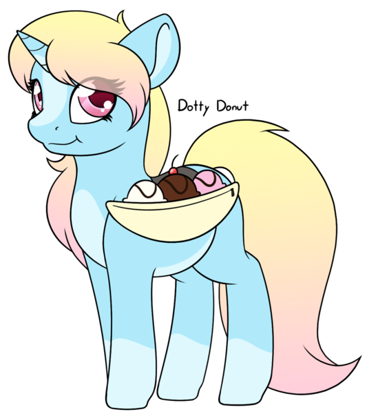 Size: 1172x1320 | Tagged: safe, artist:mynder, derpibooru import, oc, oc:dotty donut, pony, unicorn, bag, banana, banana split, blaze (coat marking), cherry, crack ship offspring, cute, female, filly, food, ice cream, looking at you, markings, multicolored hair, pale belly, saddle bag, smiling, socks (coat marking), solo