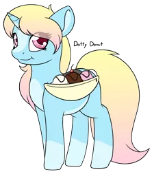 Size: 1172x1320 | Tagged: safe, artist:mynder, derpibooru import, oc, oc:dotty donut, pony, unicorn, bag, banana, banana split, blaze (coat marking), cherry, crack ship offspring, cute, female, filly, food, ice cream, looking at you, markings, multicolored hair, pale belly, saddle bag, smiling, socks (coat marking), solo