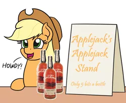 Size: 1100x900 | Tagged: safe, artist:mkogwheel, derpibooru import, edit, applejack, earth pony, alcohol, applejack (drink), applejack's sign, bits, bottle, female, howdy, mare, meme, sale, selling, sign, text