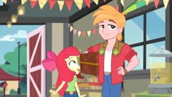 Size: 1600x900 | Tagged: safe, derpibooru import, screencap, apple bloom, big macintosh, equestria girls, equestria girls series, holidays unwrapped, spoiler:eqg series (season 2), banner, barn door, bucket, chest, container, dispenser, food, hands on hip, pie, streetlight, window