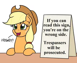 Size: 1100x900 | Tagged: safe, artist:mkogwheel, derpibooru import, edit, applejack, applejack's hat, applejack's sign, cowboy hat, hair tie, hat, howdy, implied crime, meme, sign, text, trespassing