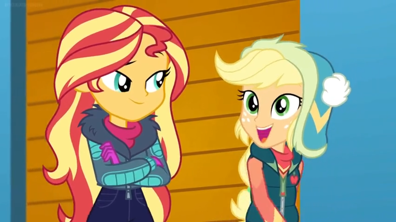 Size: 1600x900 | Tagged: safe, derpibooru import, screencap, applejack, sunset shimmer, equestria girls, equestria girls series, holidays unwrapped, spoiler:eqg series (season 2), clothes, crossed arms, gloves, jacket, mittens, winter hat, winter outfit