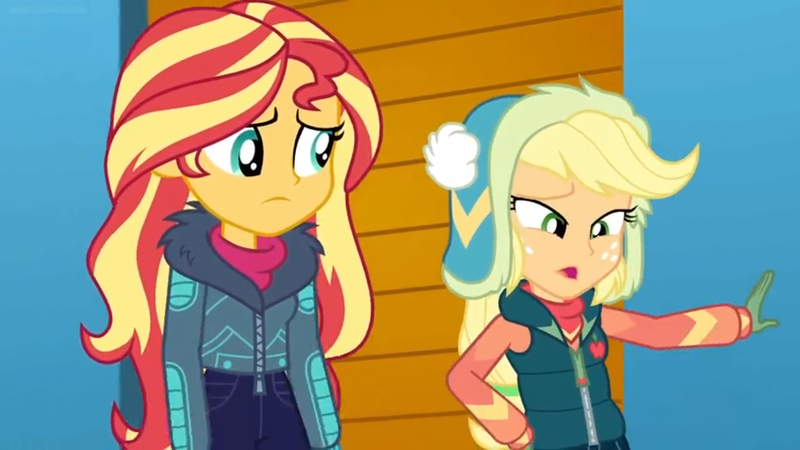 Size: 1600x900 | Tagged: safe, derpibooru import, screencap, applejack, sunset shimmer, equestria girls, equestria girls series, holidays unwrapped, spoiler:eqg series (season 2), clothes, faic, gloves, jacket, winter hat, winter outfit