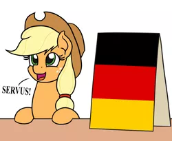 Size: 1100x900 | Tagged: safe, artist:mkogwheel, derpibooru import, edit, applejack, earth pony, pony, applejack's sign, cowboy hat, cute, female, german, germany, greeting, hair tie, hat, meme, open mouth, servus, sign, solo, this meme escalated quickly