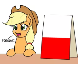 Size: 1100x900 | Tagged: safe, artist:mkogwheel, derpibooru import, edit, applejack, pony, applejack's hat, applejack's sign, cowboy hat, hat, pierogi, poland, polish, simple background, table, white background