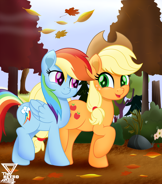 Size: 2400x2727 | Tagged: safe, artist:theretroart88, derpibooru import, applejack, rainbow dash, earth pony, pegasus, pony, fall weather friends, applejack's hat, autumn, cowboy hat, cute, dashabetes, duo, female, hat, high res, jackabetes, leaves, looking at each other, mare, movie accurate, one leg raised, open mouth, raised hoof, smiling, stetson