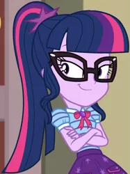 Size: 623x834 | Tagged: bowtie, clothes, cropped, crossed arms, derpibooru import, equestria girls, equestria girls series, female, geode of telekinesis, glasses, hairclip, holidays unwrapped, lidded eyes, magical geodes, pocket, ponytail, safe, sci-twi, screencap, shirt, short sleeves, skirt, smiling, smug, smuglight sparkle, spoiler:eqg series (season 2), twilight sparkle