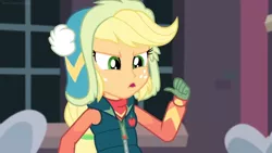 Size: 1600x900 | Tagged: safe, derpibooru import, screencap, applejack, equestria girls, equestria girls series, holidays unwrapped, spoiler:eqg series (season 2), clothes, gloves, pointing at self, solo, thumb, window, winter hat, winter outfit