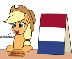 Size: 1100x900 | Tagged: safe, artist:mkogwheel, derpibooru import, edit, applejack, earth pony, pony, applejack's hat, applejack's sign, cowboy hat, dutch, female, frikandelbroodje, gekoloniseerd, hat, meme, netherlands, sign, table, this meme escalated quickly