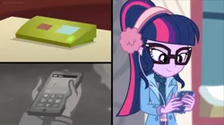 Size: 1600x896 | Tagged: safe, derpibooru import, screencap, sci-twi, twilight sparkle, equestria girls, equestria girls series, holidays unwrapped, spoiler:eqg series (season 2), answering machine, calling, clothes, earbuds, earmuffs, glasses, jacket, mobile phone, phone, ponytail, solo, split screen, winter outfit