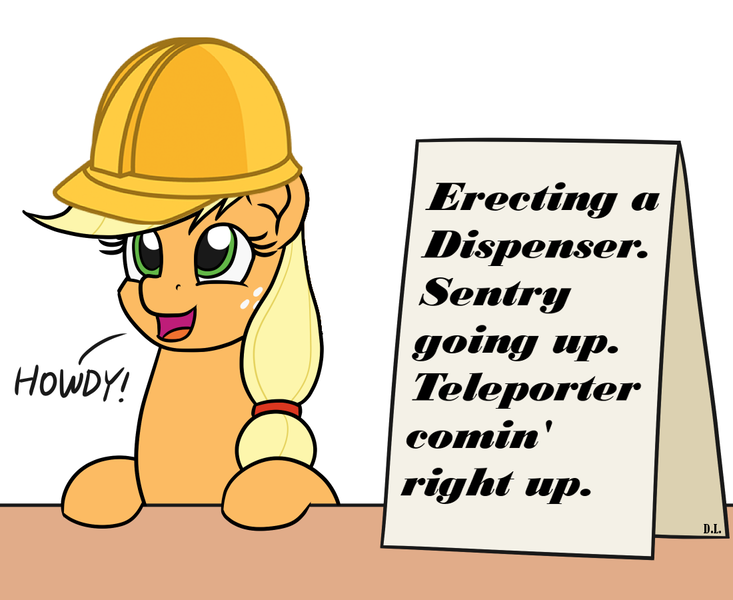 Size: 1100x900 | Tagged: safe, artist:mkogwheel, derpibooru import, edit, applejack, earth pony, pony, applejack's sign, cute, engiejack, engineer, female, helmet, howdy, open mouth, sign, simple background, smiling, solo, table, team fortress 2, text, white background