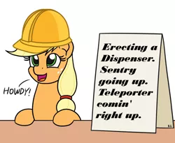 Size: 1100x900 | Tagged: safe, artist:mkogwheel, derpibooru import, edit, applejack, earth pony, pony, applejack's sign, cute, engiejack, engineer, female, helmet, howdy, open mouth, sign, simple background, smiling, solo, table, team fortress 2, text, white background