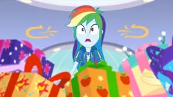 Size: 1600x900 | Tagged: safe, derpibooru import, screencap, rainbow dash, equestria girls, equestria girls series, holidays unwrapped, spoiler:eqg series (season 2), box, geode of super speed, magical geodes, present, solo, wrapped