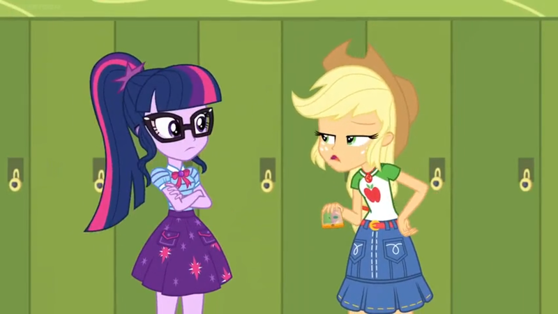 Size: 1600x900 | Tagged: safe, derpibooru import, screencap, applejack, sci-twi, twilight sparkle, equestria girls, equestria girls series, holidays unwrapped, spoiler:eqg series (season 2), belt, bowtie, clothes, cowboy hat, crossed arms, denim skirt, freckles, glasses, hat, lockers, miniskirt, mobile phone, phone, ponytail, skirt, stetson