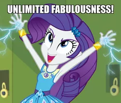 Size: 1208x1024 | Tagged: safe, derpibooru import, edit, edited screencap, screencap, rarity, equestria girls, equestria girls series, holidays unwrapped, spoiler:eqg series (season 2), armpits, arms in the air, bracelet, canterlot high, caption, cropped, emperor palpatine, excited, fabulous, female, force lightning, geode of shielding, hallway, image macro, jewelry, lightning, lockers, mad with power, magical geodes, meme, open mouth, sith, solo, star wars, text, unlimited power