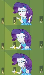 Size: 1600x2698 | Tagged: safe, derpibooru import, edit, edited screencap, screencap, rarity, equestria girls, equestria girls series, holidays unwrapped, spoiler:eqg series (season 2), braces, clothes, comic, dress, faic, geode of shielding, lockers, magical geodes, pronunciation, screencap comic, teeth, unsure