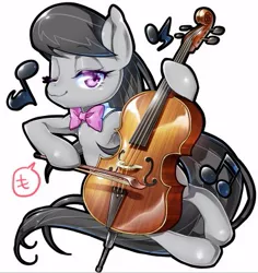 Size: 387x410 | Tagged: safe, artist:mococo, derpibooru import, octavia melody, earth pony, pony, bow (instrument), cello, cute, female, hoof hold, mare, music notes, musical instrument, one eye closed, solo, speech bubble, tavibetes, wink