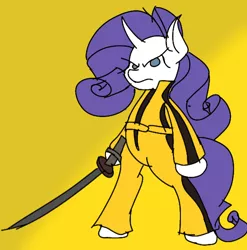 Size: 534x540 | Tagged: safe, artist:treble clefé, derpibooru import, rarity, ponified, pony, unicorn, arm hooves, bipedal, clothes, dexterous hooves, kill bill, movie reference, redraw, reference, sword, weapon