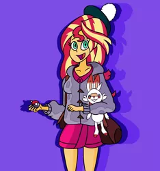 Size: 1856x1984 | Tagged: safe, artist:ajustice90, derpibooru import, sunset shimmer, scorbunny, equestria girls, clothes, crossover, looking at you, pokéball, pokémon, purple background, simple background