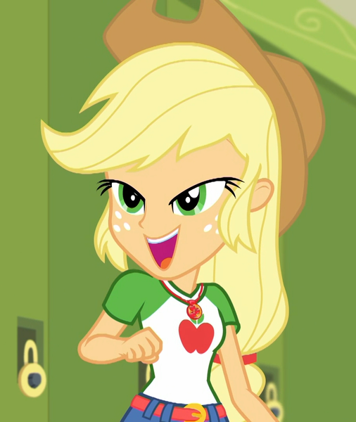 Size: 910x1080 | Tagged: safe, derpibooru import, screencap, applejack, equestria girls, equestria girls series, holidays unwrapped, spoiler:eqg series (season 2), applejack's hat, canterlot high, cowboy hat, cropped, cute, female, freckles, geode of super strength, hallway, hat, jackabetes, lockers, magical geodes, o come all ye squashful, open mouth, smiling, solo