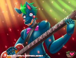 Size: 4400x3400 | Tagged: safe, artist:ladypixelheart, derpibooru import, oc, oc:quill scribble, anthro, animatronic, curtain, five nights at freddy's, furry, guitar, image, musical instrument, png