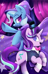 Size: 2650x4096 | Tagged: safe, artist:shibaroll, deleted from derpibooru, derpibooru import, starlight glimmer, trixie, pony, unicorn, assistant, bowtie, cuffs (clothes), female, hat, magic show, mare, no pupils, rearing, top hat