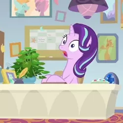 Size: 418x418 | Tagged: safe, derpibooru import, screencap, phyllis, starlight glimmer, pony, unicorn, a horse shoe-in, cropped, shocked, solo, starlight's office