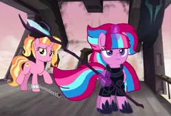 Size: 1585x1080 | Tagged: safe, artist:徐詩珮, derpibooru import, luster dawn, oc, oc:bubble sparkle, alicorn, unicorn, my little pony: the movie, alicorn oc, alternate universe, armor, base used, crying, female, horn, magic, magical lesbian spawn, magical threesome spawn, mare, multiple parents, next generation, offspring, open up your eyes, parent:glitter drops, parent:spring rain, parent:tempest shadow, parent:twilight sparkle, parents:glittershadow, parents:sprglitemplight, parents:springdrops, parents:springshadow, parents:springshadowdrops, simple background, transparent background, unamused, wings