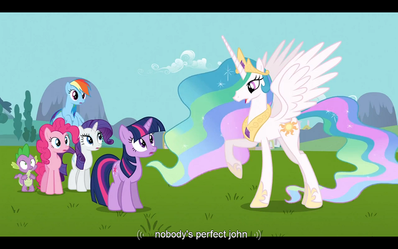 Size: 1024x640 | Tagged: alzheimer's, caption, derpibooru import, edit, edited screencap, keep calm and flutter on, meme, pinkie pie, princess celestia, rainbow dash, rarity, safe, screencap, spike, twilight alias, twilight sparkle, youtube caption