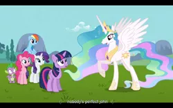 Size: 1024x640 | Tagged: alzheimer's, caption, derpibooru import, edit, edited screencap, keep calm and flutter on, meme, pinkie pie, princess celestia, rainbow dash, rarity, safe, screencap, spike, twilight alias, twilight sparkle, youtube caption