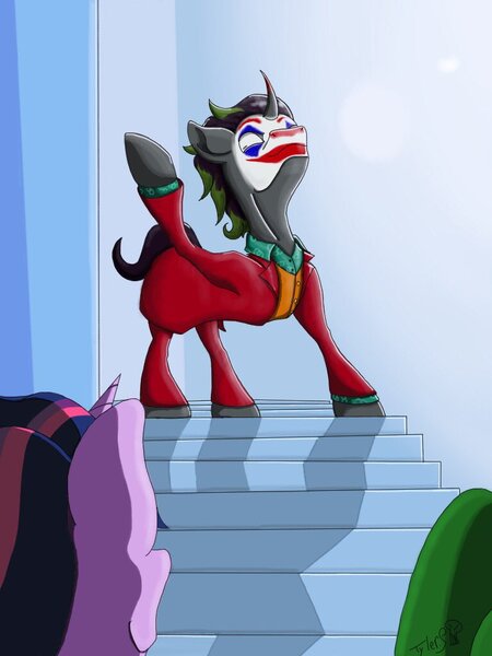 Size: 768x1024 | Tagged: arthur fleck, artist:mixdaponies, clothes, derpibooru import, joker (2019), king sombra, makeup, safe, spike, stairs, suit, that pony sure does love stairs, the crystal empire, the joker, twilight sparkle
