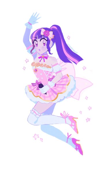 Size: 1480x2394 | Tagged: safe, artist:vilkadvanoli, derpibooru import, twilight sparkle, equestria girls, clothes, cosplay, costume, dress, idol, love live! school idol project, microphone, ponytail, ribbon, solo