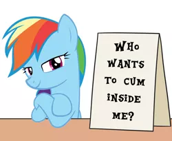 Size: 1100x900 | Tagged: suggestive, artist:mkogwheel, derpibooru import, edit, rainbow dash, pony, applejack's sign, bedroom eyes, bronybait, crossed hooves, cum inside rainbow dash, iwtcird, looking at you, meme, sign, table