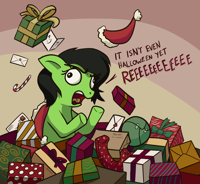 Size: 1161x1065 | Tagged: questionable, artist:kurozu, derpibooru import, oc, oc:anonfilly, unofficial characters only, earth pony, pony, /mlp/, 4chan, ^:), candy, candy cane, card, christmas, derp, dildo, female, filly, floppy ears, food, hat, holiday, horsecock dildo, present, rage, reeee, reeeeeeeeeeeeeeeeeeee, santa hat, screaming, secret santa, sex toy, simple background, solo, wide eyes