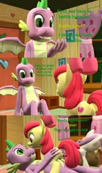 Size: 1920x3240 | Tagged: suggestive, artist:papadragon69, derpibooru import, apple bloom, button mash, spike, sweetie belle, dragon, earth pony, pony, unicorn, comic:spike's cyosa, 3d, butt touch, clubhouse, colt, comic, crusaders clubhouse, cyoa, female, filly, hand on butt, kissing, male, older, older spike, shipping, source filmmaker, spikebloom, straight, sweetiemash, teenage spike, teenager, winged spike