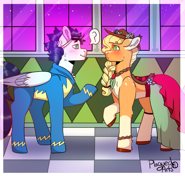 Size: 2101x2000 | Tagged: safe, artist:plagued-arts, derpibooru import, applejack, soarin', earth pony, pegasus, pony, clothes, dress, eye contact, female, gala dress, goggles, looking at each other, male, mare, raised hoof, shipping, soarinjack, stallion, straight, uniform, wonderbolts uniform