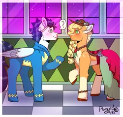 Size: 2101x2000 | Tagged: safe, artist:plagued-arts, derpibooru import, applejack, soarin', earth pony, pegasus, pony, clothes, dress, eye contact, female, gala dress, goggles, looking at each other, male, mare, raised hoof, shipping, soarinjack, stallion, straight, uniform, wonderbolts uniform