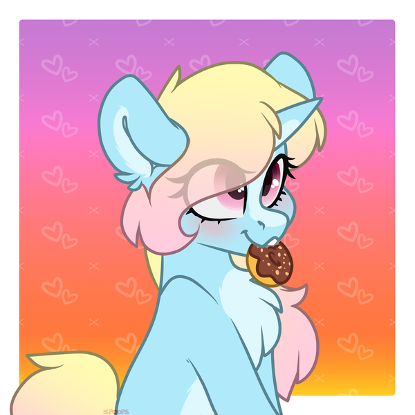 Size: 4000x4000 | Tagged: safe, artist:spoopygander, derpibooru import, oc, oc:dotty donut, pony, unicorn, biting, blaze (coat marking), blushing, chest fluff, crack ship offspring, cute, donut, ear fluff, female, filly, food, horn, looking up, markings, multicolored hair, pale belly, smiling, solo