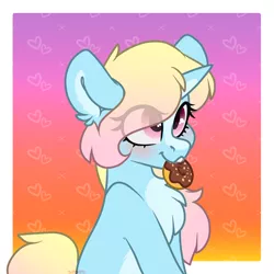 Size: 4000x4000 | Tagged: safe, artist:spoopygander, derpibooru import, oc, oc:dotty donut, pony, unicorn, biting, blaze (coat marking), blushing, chest fluff, crack ship offspring, cute, donut, ear fluff, female, filly, food, horn, looking up, markings, multicolored hair, pale belly, smiling, solo