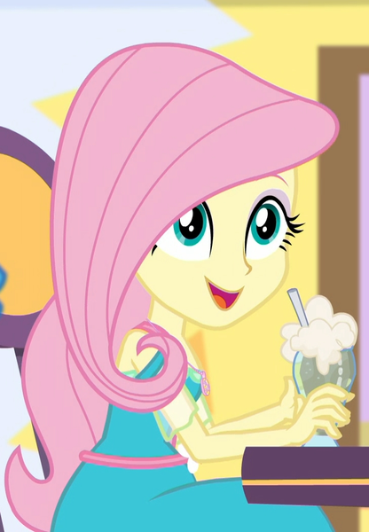 Size: 726x1048 | Tagged: safe, derpibooru import, screencap, fluttershy, equestria girls, equestria girls series, holidays unwrapped, spoiler:eqg series (season 2), beautiful, canterlot mall, cropped, cute, dashing through the mall, drinking straw, female, food, geode of fauna, happy, ice cream, ice cream soda, magical geodes, shyabetes, smiling, soda, table