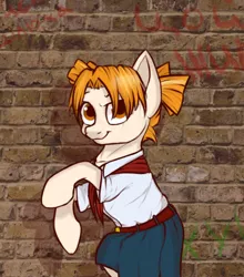 Size: 485x551 | Tagged: safe, artist:cheshchesh, derpibooru import, oc, ponified, unofficial characters only, pony, alice dvachevskaya(everlasting summer), brick wall, everlasting summer, female, image, jpeg, looking at you, mare, rearing, solo