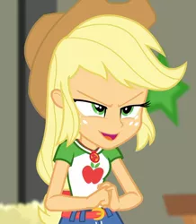 Size: 940x1080 | Tagged: safe, derpibooru import, screencap, applejack, equestria girls, equestria girls series, holidays unwrapped, spoiler:eqg series (season 2), applejack's hat, clenched fist, cowboy hat, cropped, female, freckles, geode of super strength, hat, magical geodes, smiling, solo, the cider louse fools