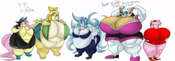 Size: 1024x358 | Tagged: absolute cleavage, alolan ninetales, amy rose, animal crossing, anthro, artist:mad'n evil, big breasts, breasts, cleavage, crossover, derpibooru import, fat, fat fetish, fattershy, female, females only, fetish, fluttershy, flutterspy, huge breasts, impossibly large breasts, impossibly large thighs, isabelle, morbidly obese, ninetales, obese, plantigrade anthro, pokémon, rouge the bat, simple background, sonic the hedgehog (series), suggestive, thighs, thunder thighs, weight gain, white background