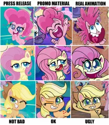 Size: 1474x1693 | Tagged: safe, derpibooru import, edit, applejack, fluttershy, pinkie pie, earth pony, pony, my little pony: pony life, applejack's hat, cowboy hat, cropped, drama, eyes closed, female, hat, lidded eyes, looking at you, mare, one eye closed, open mouth, opinion, pony life drama, smiling, wink