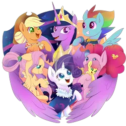 Size: 894x894 | Tagged: safe, artist:kumikoponylk, derpibooru import, applejack, fluttershy, li'l cheese, pinkie pie, princess twilight 2.0, rainbow dash, rarity, twilight sparkle, twilight sparkle (alicorn), alicorn, earth pony, pegasus, pony, unicorn, the last problem, deviantart watermark, end of ponies, female, filly, mane six, mother and child, obtrusive watermark, older, older applejack, older fluttershy, older mane six, older pinkie pie, older rainbow dash, older rarity, older twilight, simple background, transparent background, watermark