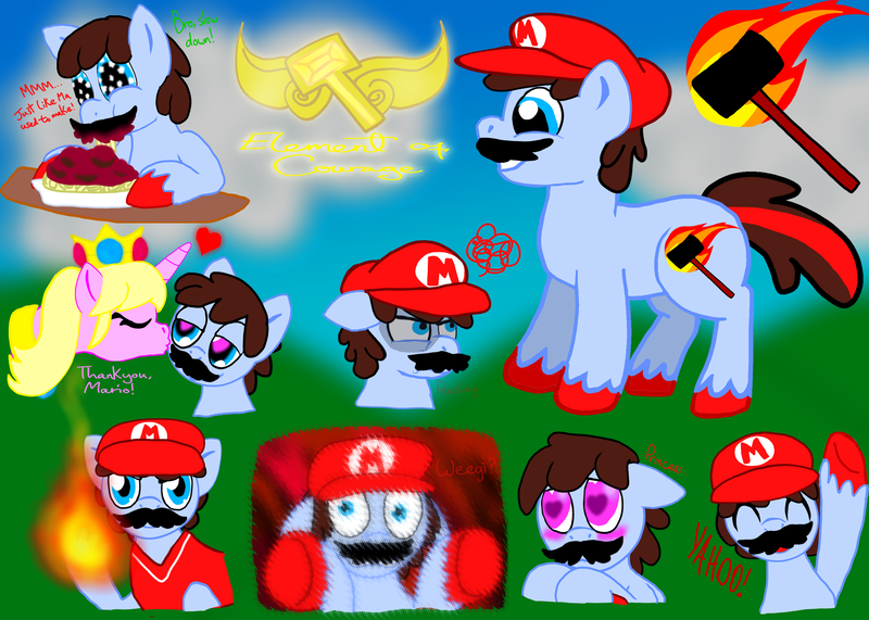 Size: 2100x1500 | Tagged: safe, artist:khough, derpibooru import, ponified, earth pony, pony, cap, crown, female, food, hammer, hat, heart eyes, jewelry, male, mare, mario, mario's hat, pasta, princess peach, regalia, spaghetti, stallion, super mario bros., unshorn fetlocks, wingding eyes