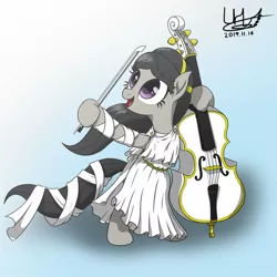 Size: 1600x1600 | Tagged: safe, artist:livehotsun, derpibooru import, octavia melody, earth pony, pony, alternate hairstyle, bipedal, bow (instrument), cello, clothes, cute, dress, female, gradient background, hoof hold, mare, musical instrument, open mouth, redraw, ribbon, solo, tavibetes