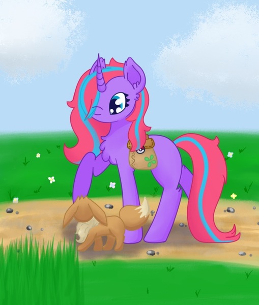 Size: 599x706 | Tagged: safe, artist:backgroundpony#f352, derpibooru import, oc, unofficial characters only, eevee, pony, unicorn, bag, fluffy, pokémon, saddle bag, walking