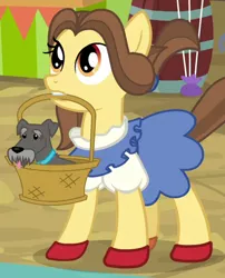 Size: 400x495 | Tagged: safe, derpibooru import, screencap, ruby slippers (pony), dog, earth pony, pony, growing up is hard to do, basket, clothes, costume, cropped, dorothy gale, mouth hold, the wizard of oz